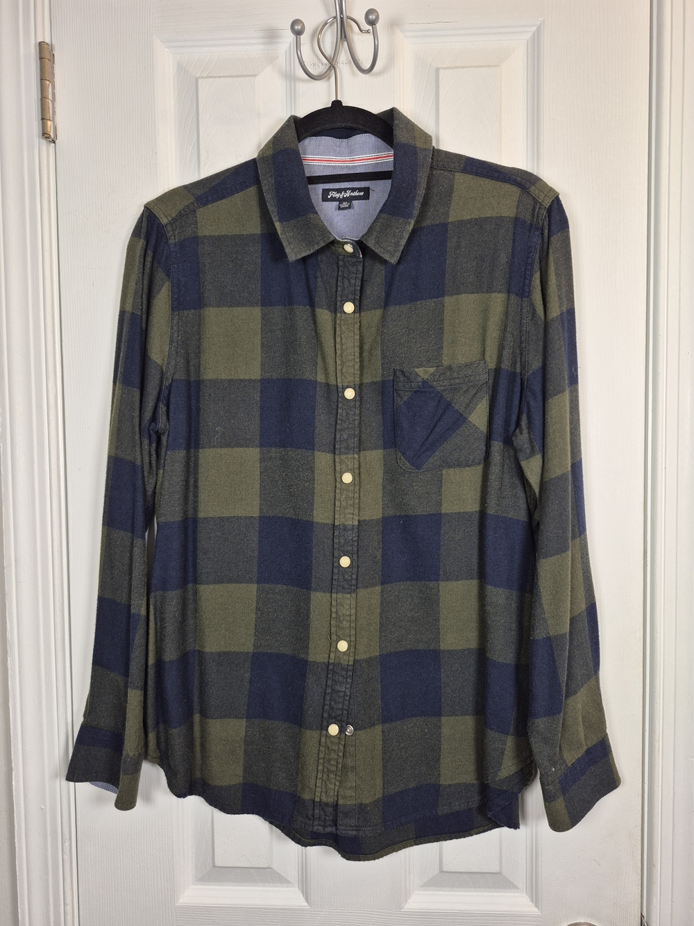 Flag Anthem Green Navy Blue Buffalo Plaid Plaid Flannel Button Down Shirt Size M
